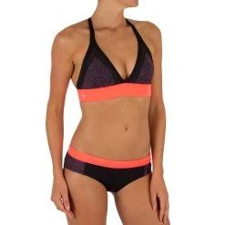 Olaian Women's Surfing Crop Top Swimsuit Top With Very Open Back Isa Shine Bikinis, Boardshorts